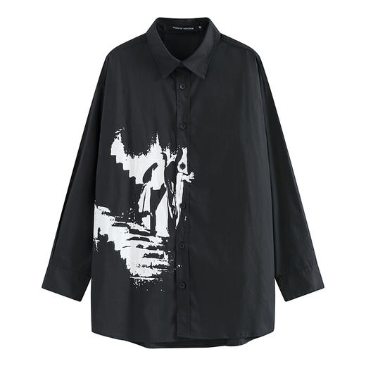 POH 19AW吸血鬼印花洗水碳黑宽松廓形长袖翻领衬衫男夏季潮牌国潮 商品图4