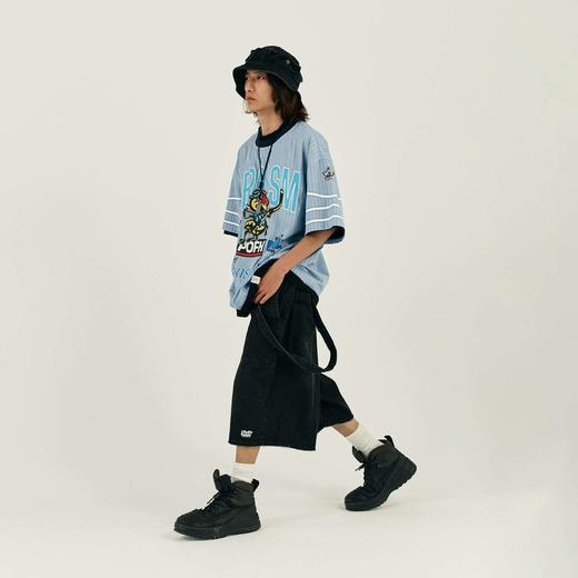 POH 冰球联盟印花蓝色条纹衬衣男做旧嘻哈宽松运动服短袖套头衬衫 商品图2