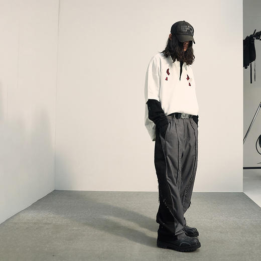 POH「李朝猫虎画」 福至刺绣拉链宽松休闲插肩袖五分短袖polo衫男 商品图2