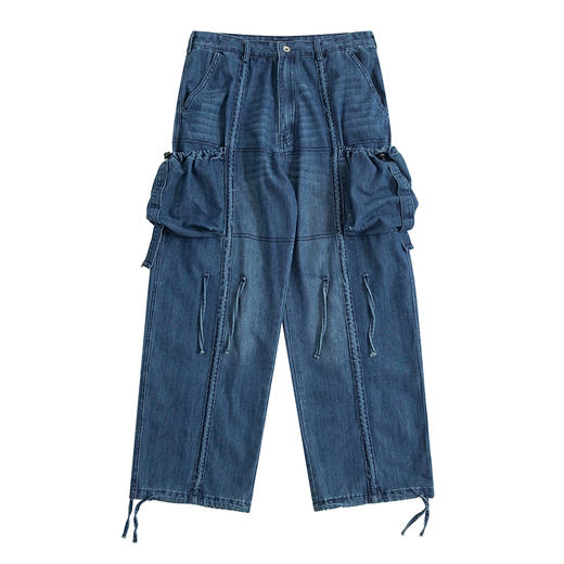 POH 洗水做旧直筒休闲长裤收口飘带立体口袋油漆工阔腿牛仔裤子男 商品图4