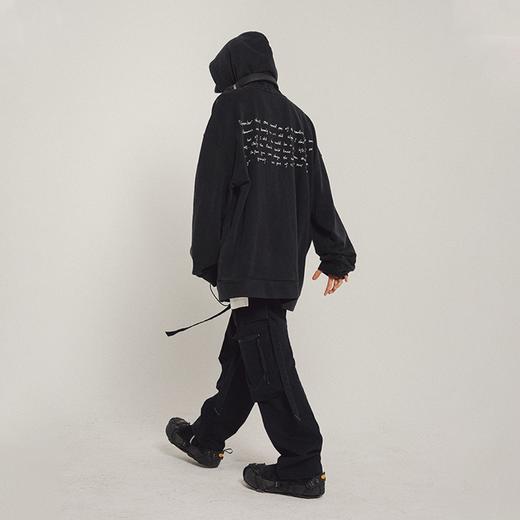 POH海报台词印花落肩宽松港风ins开衫国潮bf风黑色连帽卫衣外套男 商品图1