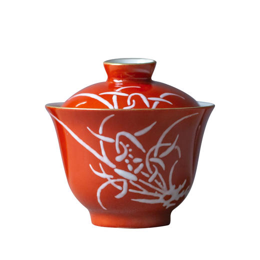 茶香记 仿古民国风格 手工 描金矾红堆白 兰花盖碗  复古雅致  华丽明艳 商品图4