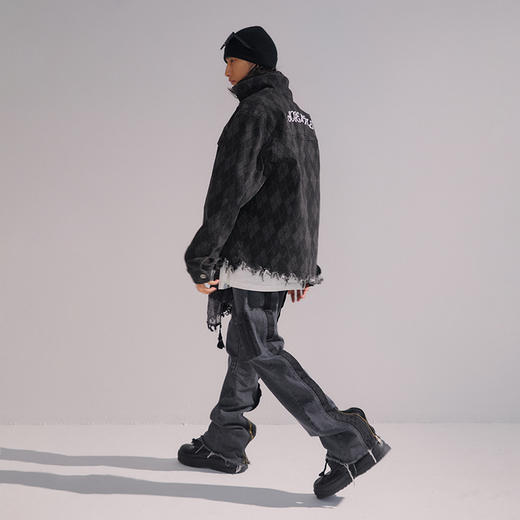 POH 朋克流苏直筒休闲裤男口袋拼接拉链洗水长裤子灰色牛仔喇叭裤 商品图2