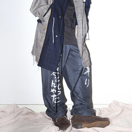 POH 日文歌詞手寫塗鴉破壞羊毛混紡格纹西裝褲潮流原宿风直筒裤潮 商品图1