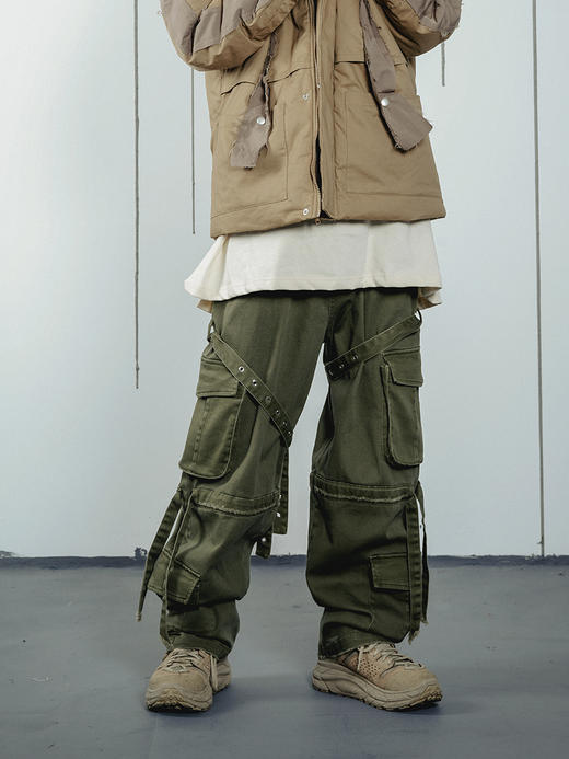 POH 19AW做旧磨洗破坏宽松可拆卸绑带飘带工装直筒裤双色入休闲裤 商品图0