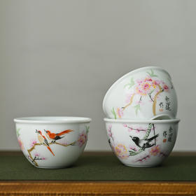 「景德镇手工主人杯」手绘粉彩水点桃花花鸟缸杯 白瓷大号陶瓷主人杯