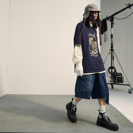 POH「画工泼墨」 假两件层次感五分中裤宽松街头休闲牛仔短裤子男 商品图3