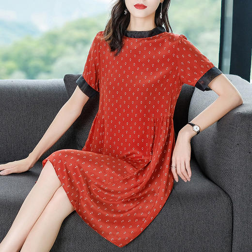 丁摩2021夏季新品女装加比勒船锚印花黑色真丝欧根纱显瘦连衣裙19319 商品图3