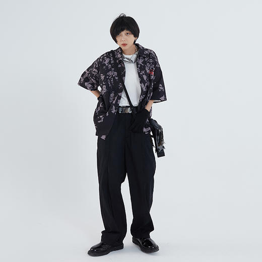 POH 褶皱须边破坏街头休闲裤宽松双色垂感纯色直筒阔腿长裤子男女 商品图2