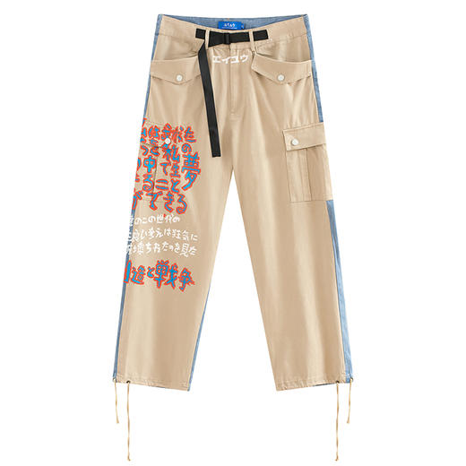 POH 手绘日文涂鸦水洗拼接牛仔斜纹布廓形潮牌军裤国潮休闲长裤男 商品图4