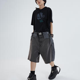 POH 异材质毛衣料拼接做旧水洗牛仔短裤男夏季宽松潮流七分裤潮牌
