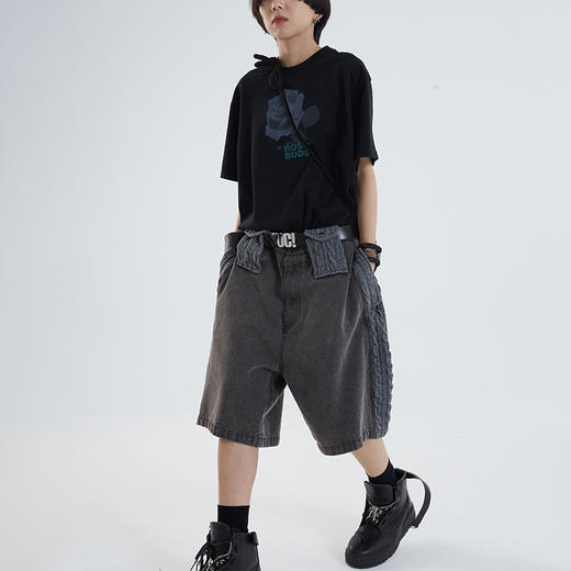 POH 异材质毛衣料拼接做旧水洗牛仔短裤男夏季宽松潮流七分裤潮牌 商品图0