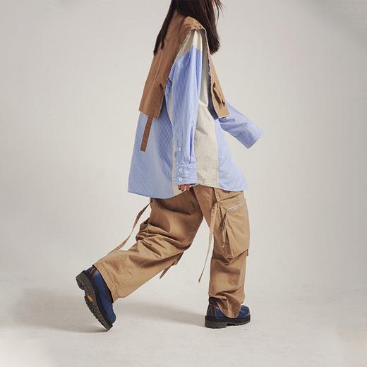 POH 机能风假两件毛边马甲衬衫男宽松bf风小众设计感拼接条纹衬衣 商品图3