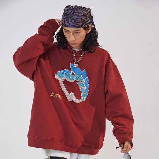 POH 水晶钻戒宝石重工刺绣上衣字母印花烫钻酒红色长袖连帽卫衣男 商品图2