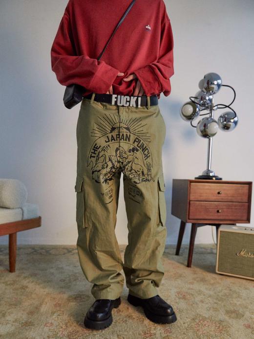 POH 讽刺漫画主题工装直筒裤子印花宽松军绿色拉链阔腿休闲长裤男 商品图3