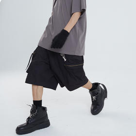 POH 双色街头廓形宽松大口袋工装五分裤子潮牌拉链短裤男夏季潮流