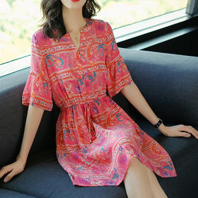 丁摩2021女装连衣裙夏季新款欧美抽象印花修身短袖真丝连衣裙潮72415