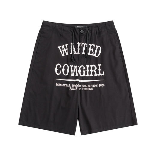 POH  Cowgirl主题大印花宽松五分直筒中裤子朋克黑色卡其色短裤男 商品图4