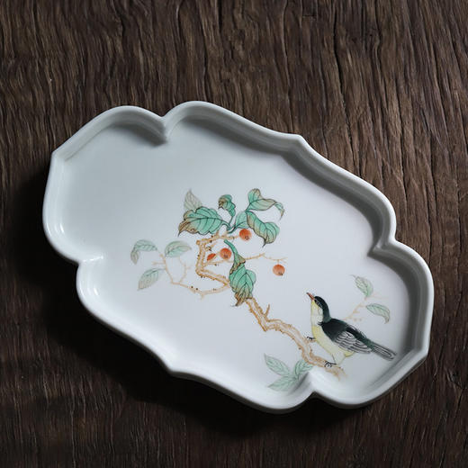 「景德镇汝窑手绘壶承」粗陶柿子喜鹊云朵壶承 白瓷花鸟海棠茶盘 中式陶瓷开片可养干泡茶盘 商品图7