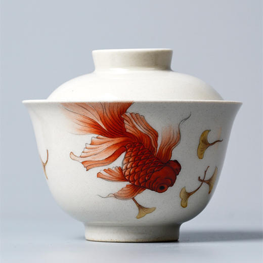 「景德镇功夫茶盖碗茶杯」高端手绘粉彩金鱼 无托草木灰单个防烫泡茶碗 商品图4