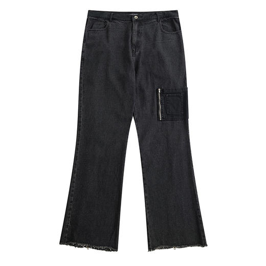 POH 朋克流苏直筒休闲裤男口袋拼接拉链洗水长裤子灰色牛仔喇叭裤 商品图4