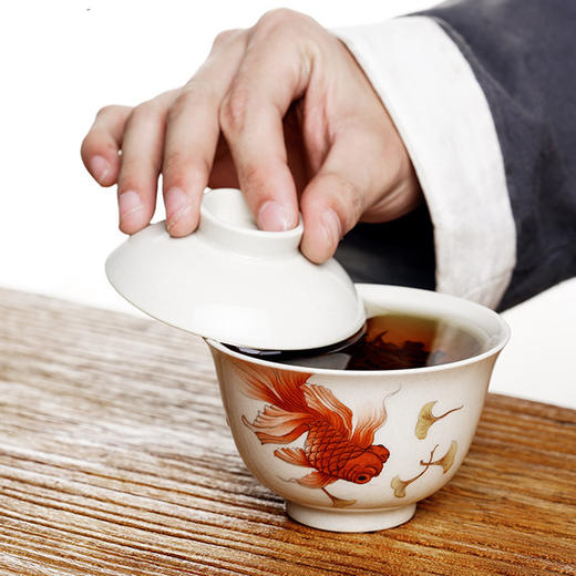 「景德镇功夫茶盖碗茶杯」高端手绘粉彩金鱼 无托草木灰单个防烫泡茶碗 商品图2