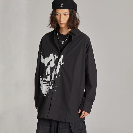 POH 19AW吸血鬼印花洗水碳黑宽松廓形长袖翻领衬衫男夏季潮牌国潮 商品图3