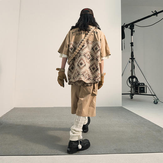 POH「民族嬉皮士」 口袋针织异材质拼接衬衣复古宽松短袖衬衫男潮 商品图1