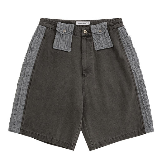 POH 异材质毛衣料拼接做旧水洗牛仔短裤男夏季宽松潮流七分裤潮牌 商品图4