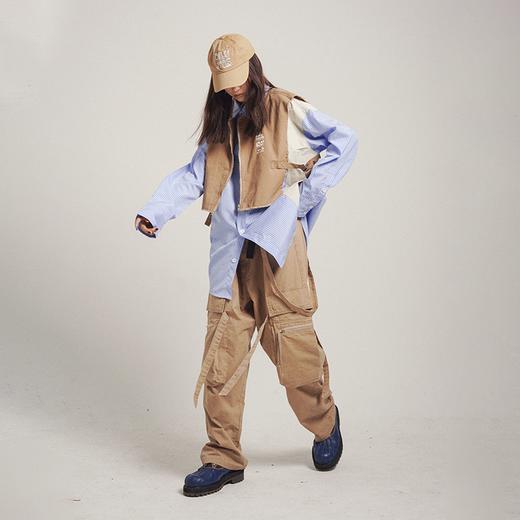 POH 机能风假两件毛边马甲衬衫男宽松bf风小众设计感拼接条纹衬衣 商品图2