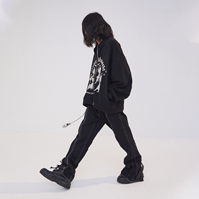 POH 朋克摇滚拉链设计感黑色阔腿休闲裤男手工流苏做旧喇叭长裤男