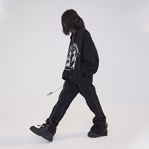 POH 朋克摇滚拉链设计感黑色阔腿休闲裤男手工流苏做旧喇叭长裤男 商品图0