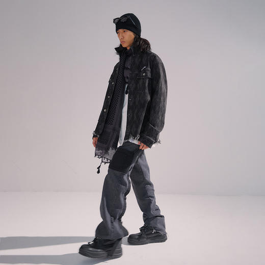 POH 朋克流苏直筒休闲裤男口袋拼接拉链洗水长裤子灰色牛仔喇叭裤 商品图1