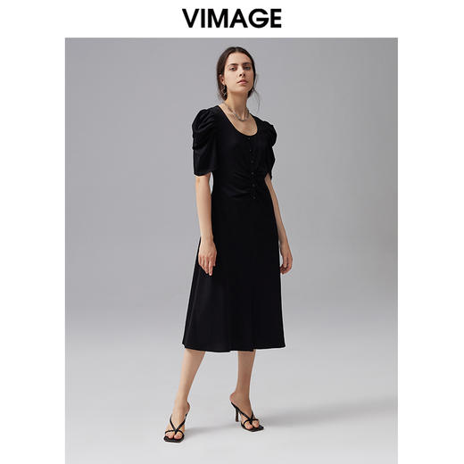 VIMAGE纬漫纪夏季新款雪纺收腰长裙高腰泡泡袖中长款连衣裙V1507192 商品图1