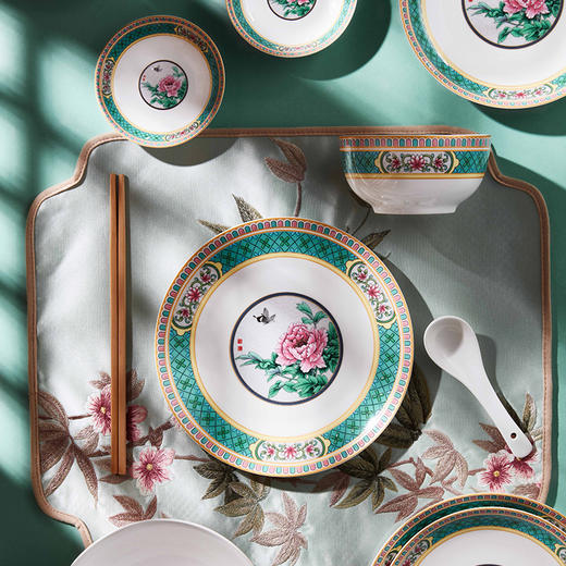 青意牡丹幸福莲藤 新骨瓷28头餐具套组（含竹筷） 商品图0