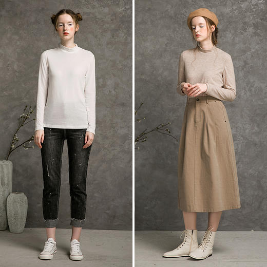 Famecoco范可儿纯色T恤女秋季百搭简约半高领打底衫上衣F216BB009 商品图4