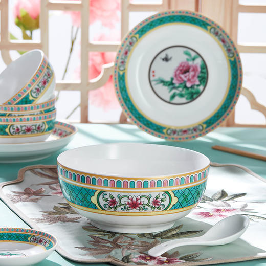 青意牡丹幸福莲藤 新骨瓷28头餐具套组（含竹筷） 商品图2