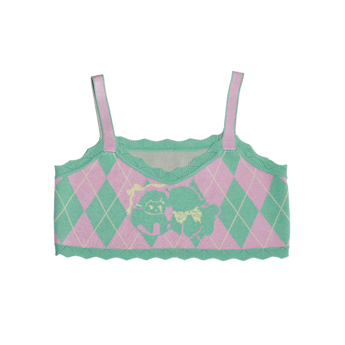 【市集】针织可爱短款吊带-原创设计小羊照镜子菱格薄荷绿-Puli Potch布力跑