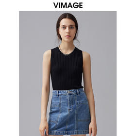 VIMAGE纬漫纪夏季新款纯色圆领宽带无袖内搭显瘦上衣针织衫V1501118