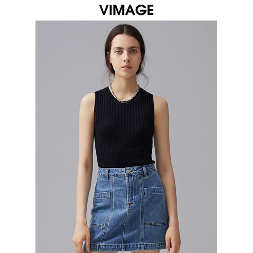 VIMAGE纬漫纪夏季新款纯色圆领宽带无袖内搭显瘦上衣针织衫V1501118 商品图0