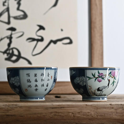 「景德镇手工主人杯」手绘青花粉彩仙鹤延年仿古胎罗汉杯 陶瓷大号主人杯 商品图1