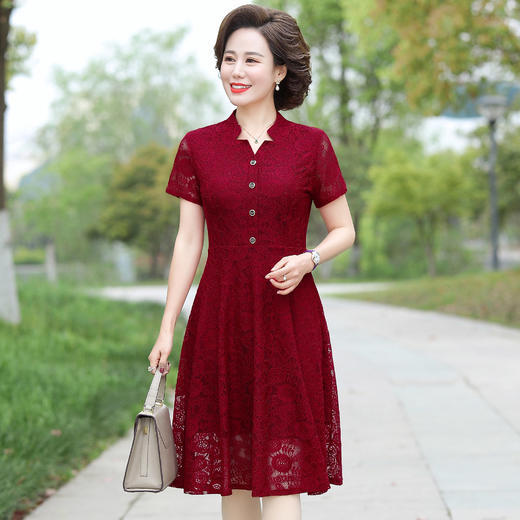 YQ-555 妈妈装短袖裙子女中长款长袖连衣裙网纱蕾丝裙纯色春季修身裙 商品图1