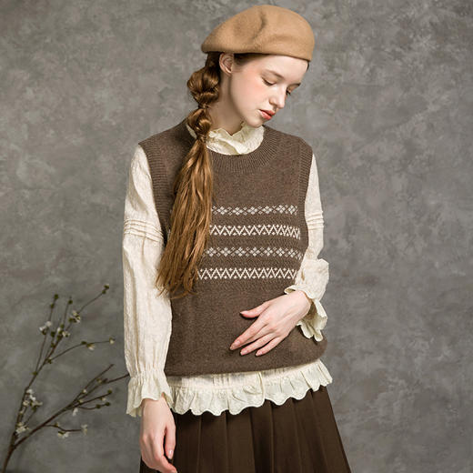 famecoco范可儿背心马夹女秋复古提花百搭外穿马甲上衣F216CA002 商品图0