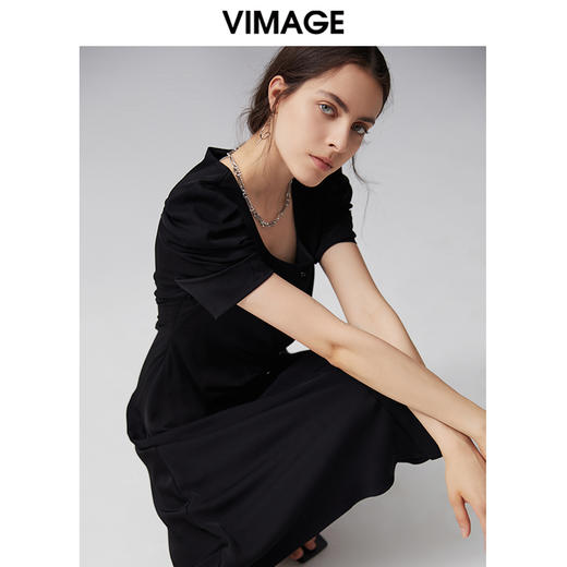 VIMAGE纬漫纪夏季新款雪纺收腰长裙高腰泡泡袖中长款连衣裙V1507192 商品图2