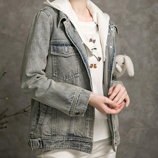 Famecoco范可儿牛仔外套女秋新品长袖连帽拼接外套F216AB002 商品图2