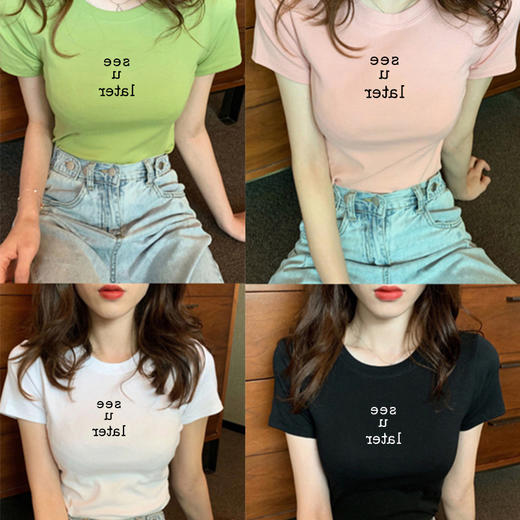 【简约字母印花T恤】T恤女ins潮夏季韩版BF修身显瘦女士圆领短袖上衣 商品图0