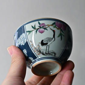 「景德镇手工主人杯」手绘青花粉彩仙鹤延年仿古胎罗汉杯 陶瓷大号主人杯