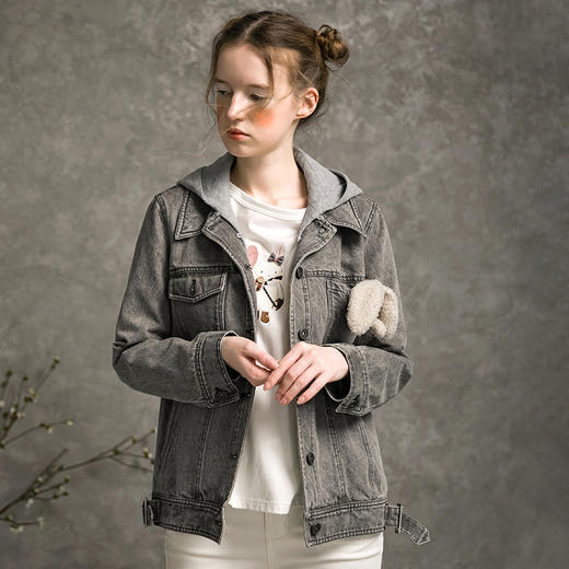 Famecoco范可儿牛仔外套女秋新品长袖连帽拼接外套F216AB002 商品图1