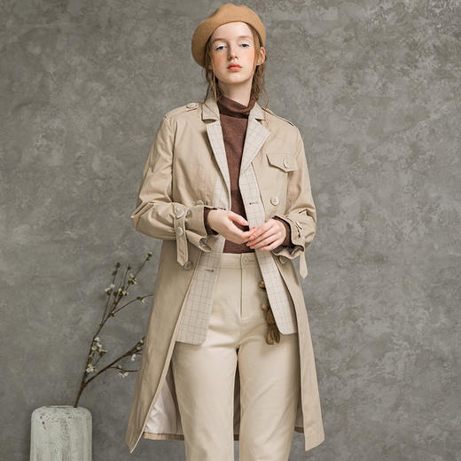 Famecoco范可儿假两件风衣秋季女士气质中长款外套F216AT001 商品图1