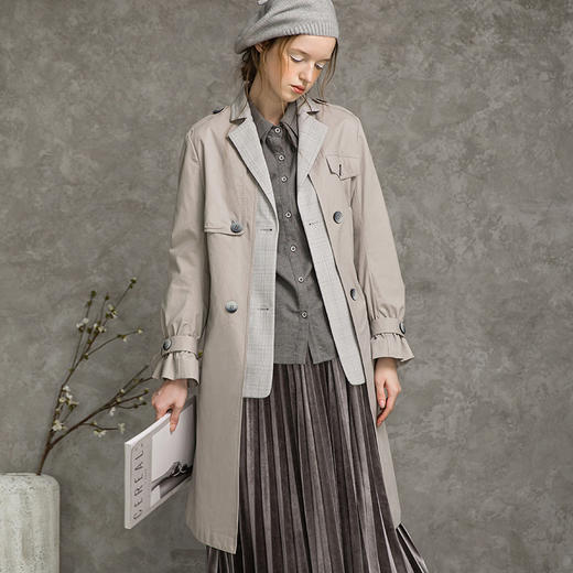 Famecoco范可儿假两件风衣秋季女士气质中长款外套F216AT001 商品图0